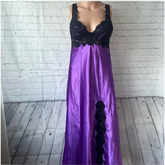 Victoria’s Secret Silky Satin Purple Black Lace Slip Dress Size Large - Picture 4 of 14
